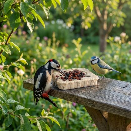 Specht en pimpelmees eten van vetblok vruchten