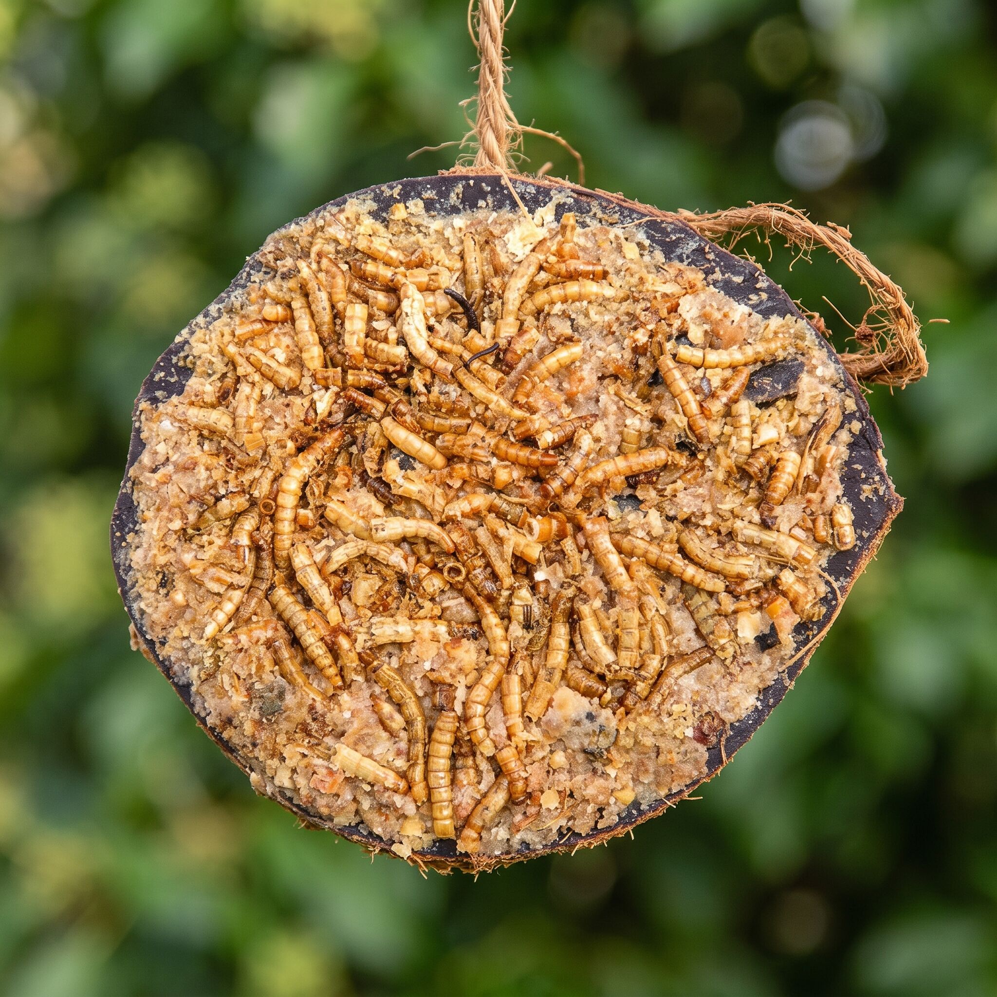 Close-up van halve gevulde kokosnoot met meelwormen