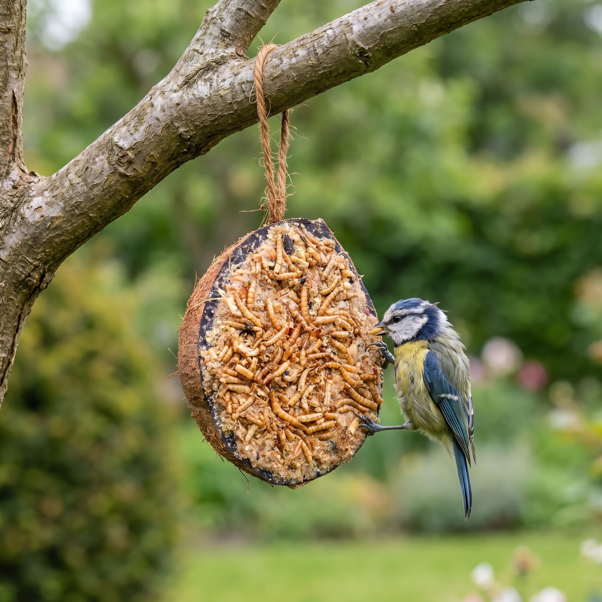 Pimpelmees eet uit halve gevulde kokosnoot met meelwormen in de tuin