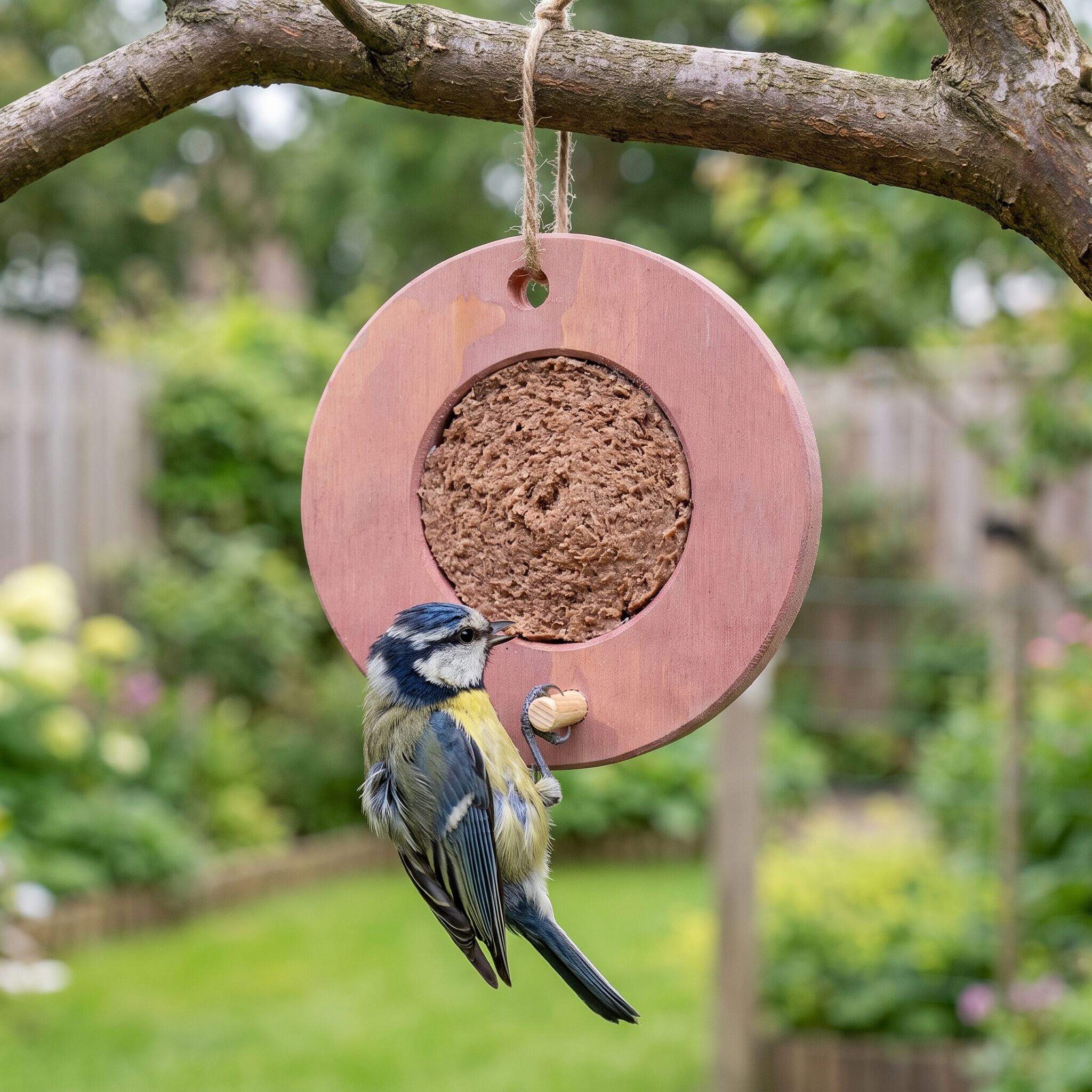 Koolmees eet vogelmousse uit roze voederring
