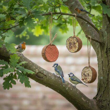 Vogels eten van gevulde kokosnoten in boom.