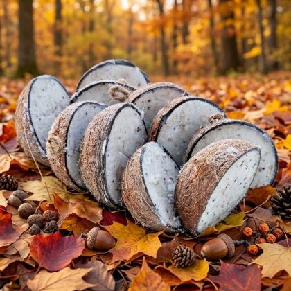 Halve kokosnoten met herfstbladeren en eikels in bos.