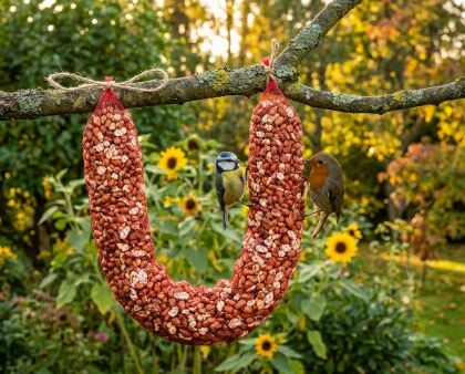 Vogels op pindaslinger in de tuin