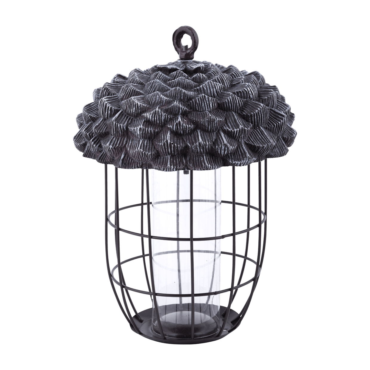 Decoratieve metalen lantaarn met dennenappelontwerp.