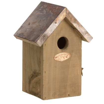 Houten vogelhuisje king met koperkleurig dak voor winterkoning.