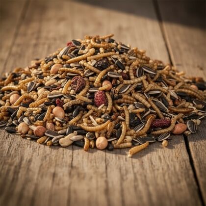 Gedroogd vogelvoer met zaden en insecten op tafel.