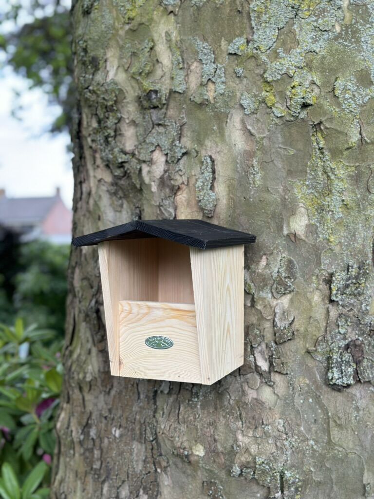 Nestkast Rubi, speciaal ontworpen voor roodborsten, bevestigd aan een boom