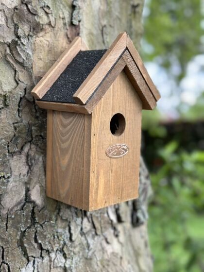 Houten vogelhuisje Mila in boom met zwart dak Perfect voor winterkoningen