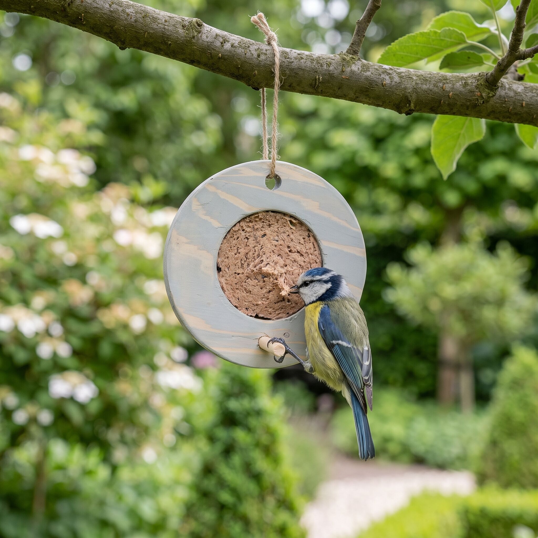 Pimpelmees eet vogelmousse uit grijze voederring