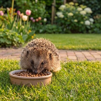 Egel bij een schaal Premium Egelvoer in de tuin