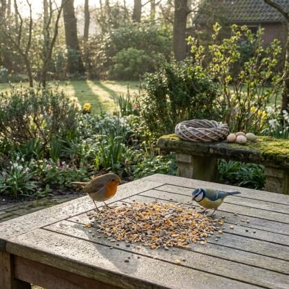 Twee vogels eten zaden op tuintafel