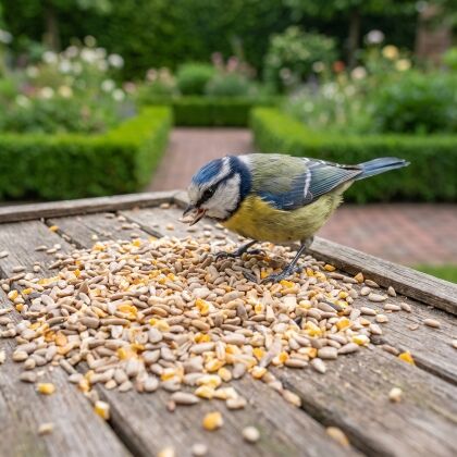 Pimpelmees eet Strooivoer onkruidvrij van de voedertafel