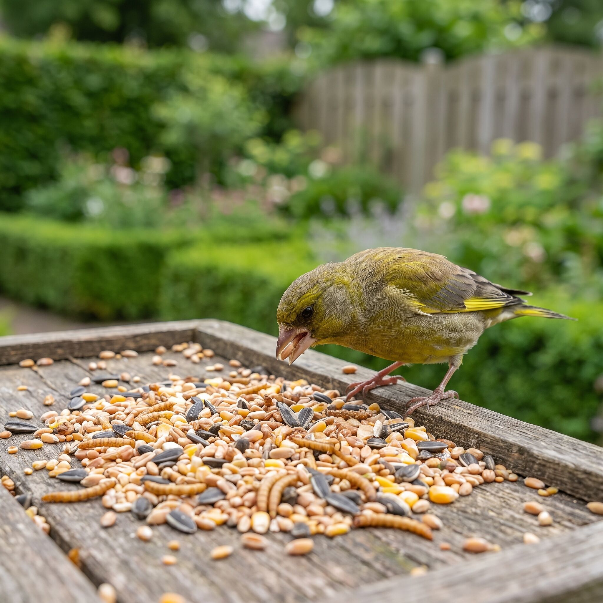 Groenling eet Strooivoer Supra met meelwormen van de voedertafel