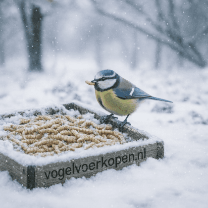 Pimpelmees eet gedroogde meelwormen uit bak in sneeuw.