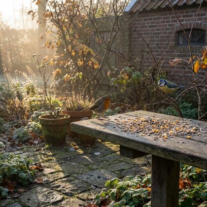 Roodborstje en pimpelmees op tuinbank met vogelzaad