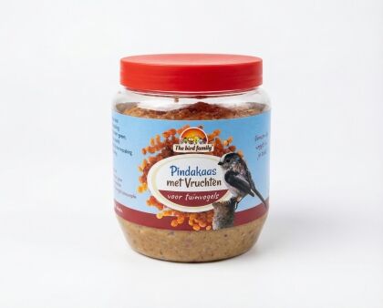 Pindakaas met fruit voor tuinvogels in pot.