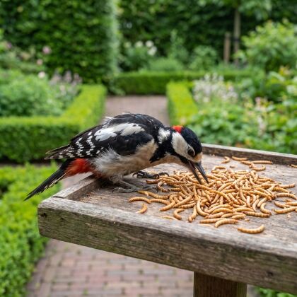 Grote bonte specht eet Gedroogde meelwormen voor tuinvogels en siervissen van de voedertafel