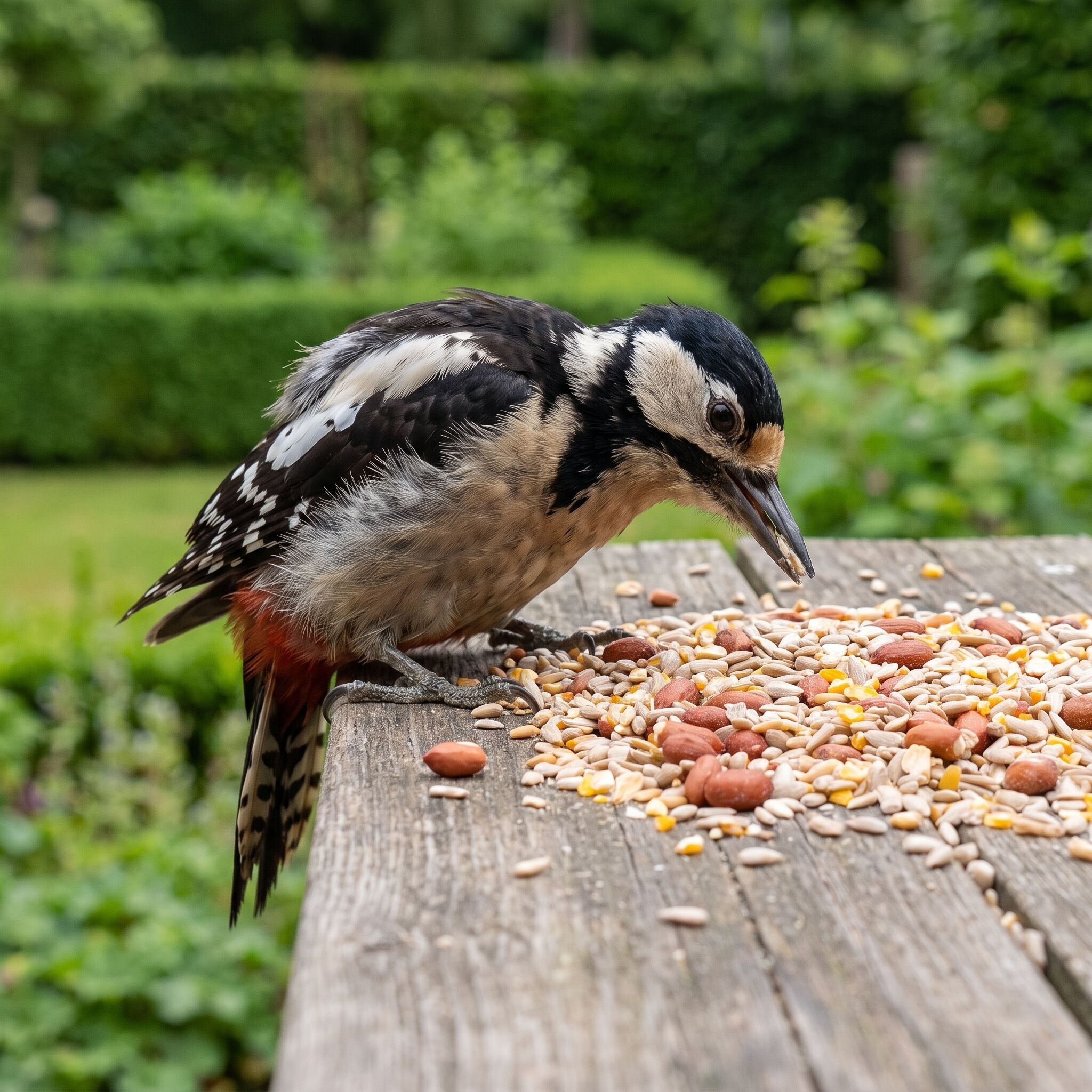 Grote bonte specht eet Strooivoer High Energy Plus met gepelde pinda's van de voedertafel