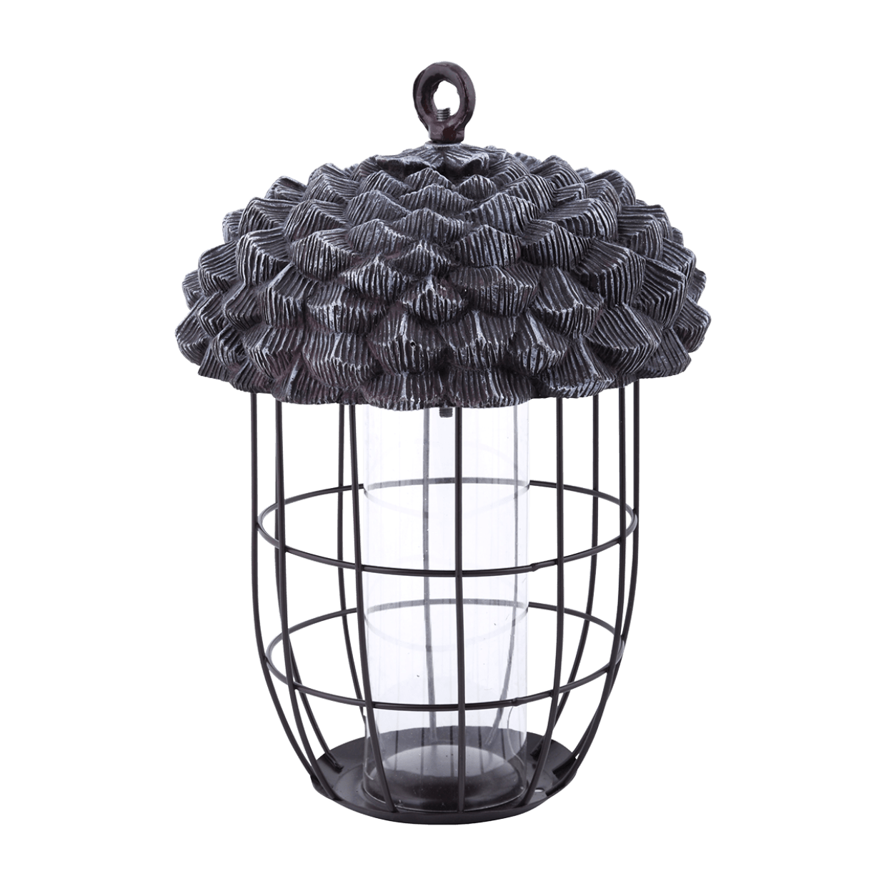 Decoratieve metalen lantaarn met dennenappelontwerp.