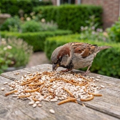 Huismus eet Gepelde zonnebloempitten met meelwormen van de voedertafel