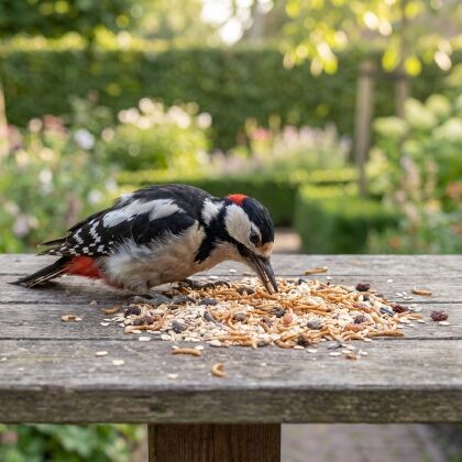 Grote bonte specht eet Strooivoer Excellent Muesli, Rozijn en Meelworm van de voedertafel