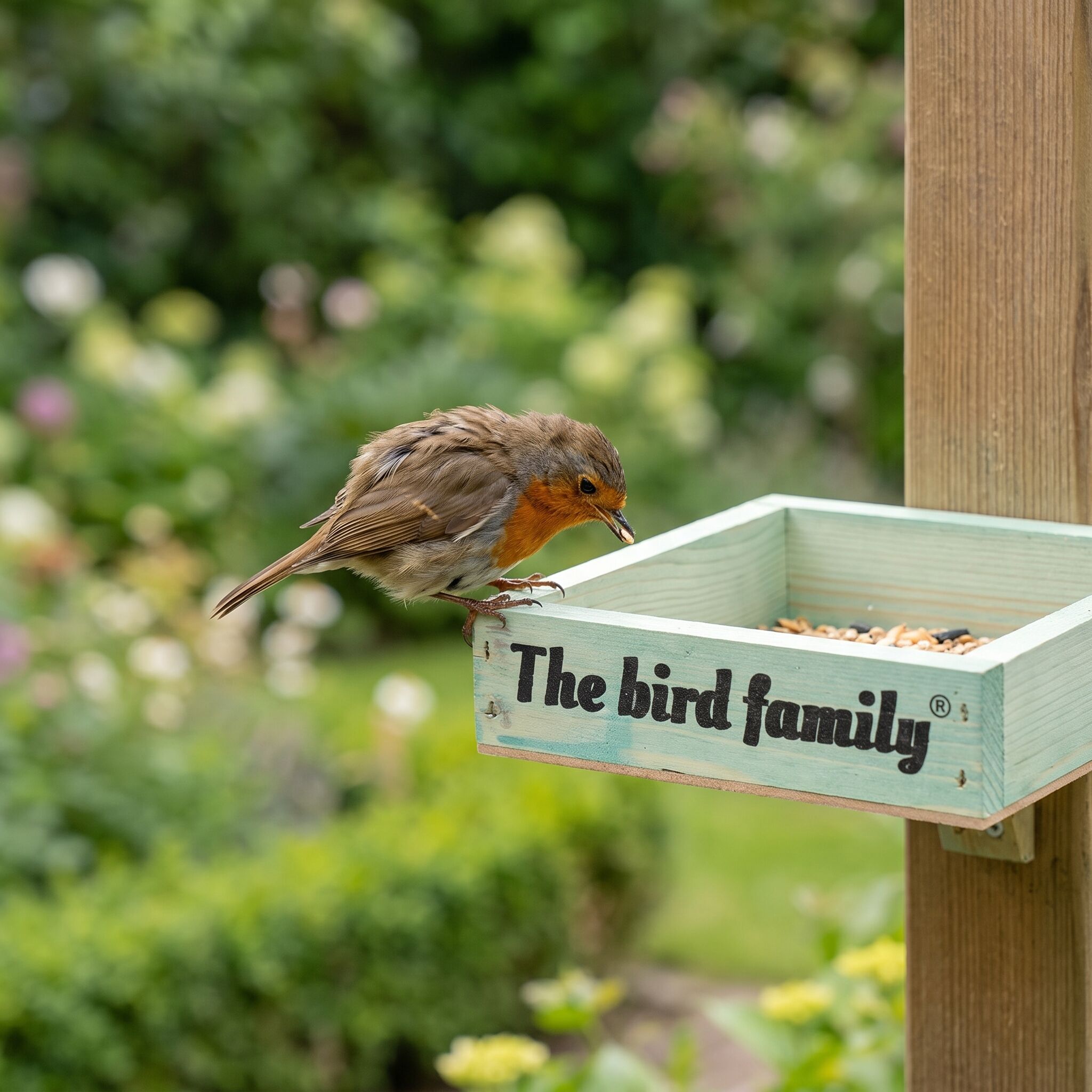 Roodborstje eet uit Voederplateau The bird family