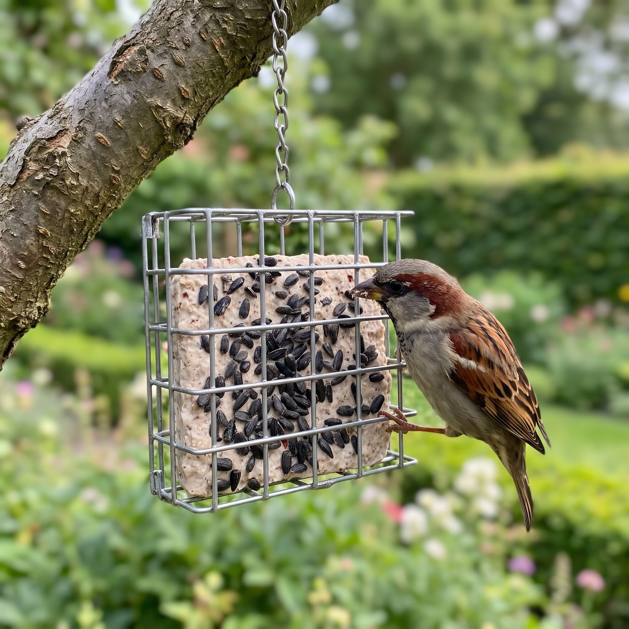 Huismus eet vetblok met zaden uit houder