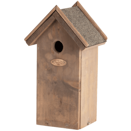 Houten vogelhuisje nestkast Rosa met schuin dak en opening.
