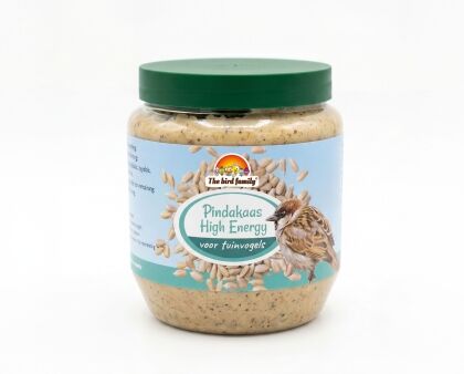 Pindakaas voor vogeltjes, energierijk tuinvoer, pot met deksel.
