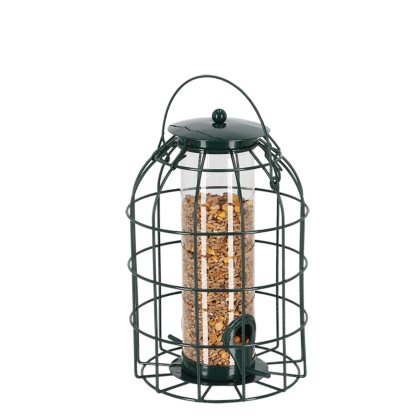 Vogelvoederstation met zaadjes in metalen kooi.