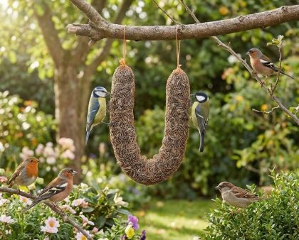 Vogels eten van opgehangen zonnepitslinger in tuin.
