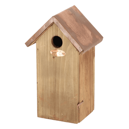Houten vogelhuis met metalen dak koolmees.