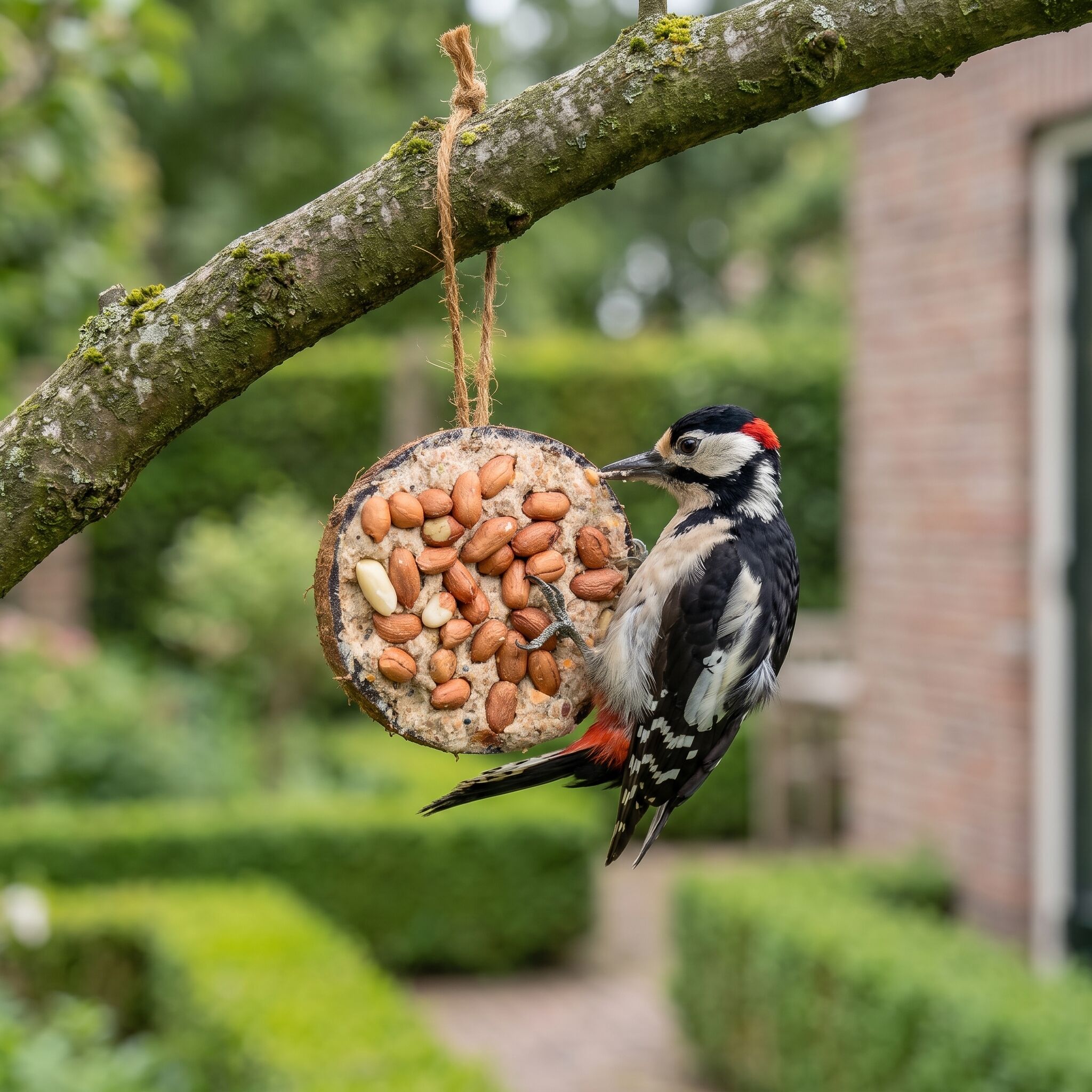 Specht eet uit halve gevulde kokosnoot met pinda's in de tuin