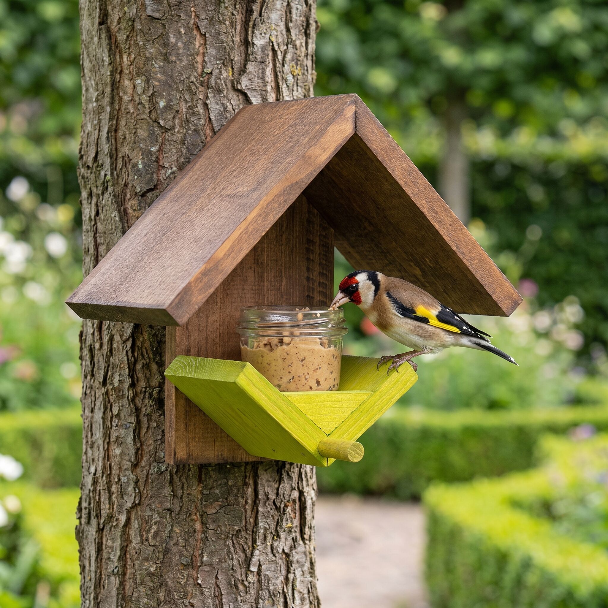 Putter eet vogelpindakaas uit pothouder Putter