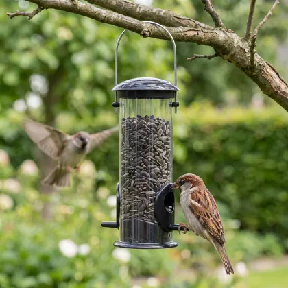Huismussen bij een zwarte zadensilo in de tuin